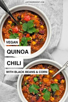 two bowls of vegan quinoa chili with black beans and corn