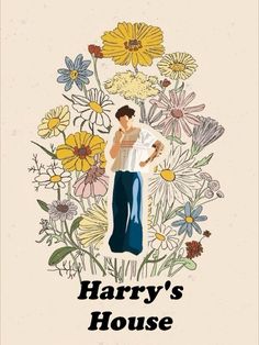 harry's house poster with flowers and a man standing in front of the door