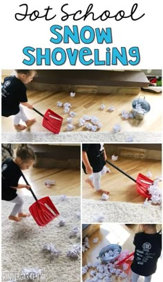 a collage of photos showing how to use snow shovels for cleaning the floor