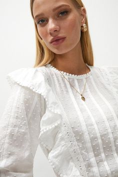 Tops | Frill And Lace Detail Dobby Blouse | Coast Frilly Blouse Outfit, Lace Insert Blouse, White Blouses For Women, Lace Top Design, Lace Blouse Styles, Frill Neck Blouse, Winter Blouse, Lace Dress Outfit, Season Outfits