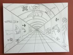 this is a drawing of a hallway with animals on the walls