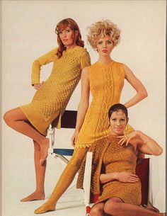 "Golden Glow is a pair of 1969 vintage mod knitting and crochet women's sweater, tunic and sweater dress patterns from Spinnerin booklet 193. ★ Crochet lace tunic and dress sizes (shown left): * Bust 36\" * Bust 39.5\" * Bust 44.5\" Gauge: * 7 sc = 1\" in pattern stitch ★ Knit lace dress sizes (shown at center): * Bust 33\" * Bust 35\" * Bust 37\" * Bust 39\" * Bust 41\" * Bust 43\" Gauge: * 24 sts = 4\" in pattern stitch ★ Knit gold lace dress + cardigan jacket sizes (shown at centre): Sweater Sweater Dress Pattern, Gold Lace Dresses, Knit Lace Dress, 60s And 70s Fashion, Vintage Stockings, 1960s Mod, Sixties Fashion, Jacket Sweater, 60s Vintage