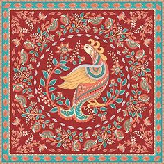 an ornate red and blue floral design on a square scarf with leaves, flowers and birds