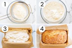 four pictures showing how to make bread in a loaf pan and then put it in a container