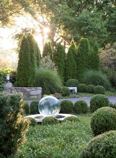 the sun shines through the trees and bushes in this park like area with a fountain