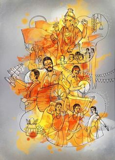 an artistic painting with many different people around the image, including one man in orange and white