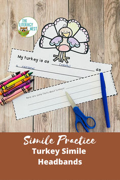 Picture of one of our 17 turkey headbands with writing lines for simile practice. Vowel Teams Activities, Writing Mentor Texts, Turkey Facts, Thanksgiving Headbands, Writing Mini Lessons