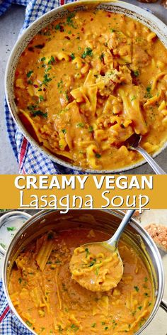 creamy vegan lasagna soup is an easy and delicious dinner that's ready in less than 30 minutes