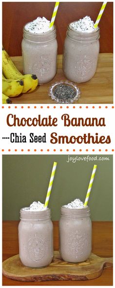 chocolate banana chia seed smoothies in mason jars