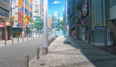 an anime city street with tall buildings and shops on both sides, surrounded by bricked sidewalks