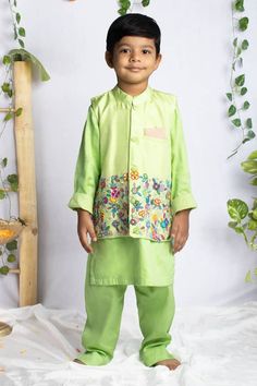 Parrot pastel green bundi with floral embroidery using beads and zardozi. Paired with an inner kurta and pant. - Aza Fashions Green Dabka Sets For Eid, Green Cotton Sets With Zari Work, Green Traditional Wear For Eid With Handwork, Festive Green Kurta With Handwork, Festive Green Handwork Kurta, Green Traditional Wear With Handwork For Diwali, Green Cotton Sets With Floral Embroidery, Green Cotton Wedding Sets, Green Bollywood Kurta With Handwork