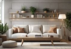 a living room with white couches and plants on the shelves above them, along with a coffee table