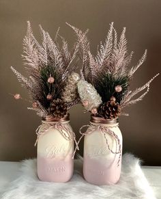 two mason jars filled with flowers and pine cones