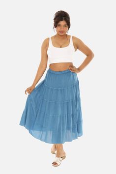 Give your warm-weather wardrobe a refresh with this midi skirt featuring a ruffled tiered design. Elastic Waist High Waist, -Long Maxi & Flared Skirt, Tone-On-Tone Embroidery Boho Print, Lightweight Woven Construction Unlined, Casual,Vacation,Beach Layered Long Skirt For Spring, Beach Tiered Maxi Skirt With Ruffled Details, Beach Tiered Ruffled Maxi Skirt, Flowy Tiered Beach Bottoms, Tiered Ruffle Hem Skirt, Tiered Flowy Skirt With Ruffle Hem, Flowy Tiered Skirt With Ruffle Hem, Flowy Tiered Bottoms For Beach, Blue Tiered Skirt For Summer