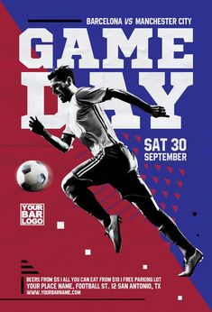 a poster for a game day featuring a soccer player