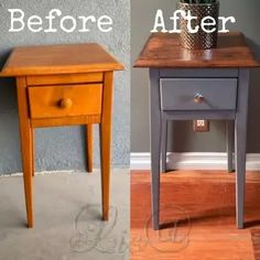 an old nightstand turned into a side table with paint and varnishing on it