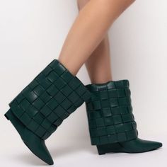 The Azalea Wang Stuck With Me Wedge Bootie In Green Features A Woven Faux Leather Upper, A Mid Calf Shaft, Chunky Wedge Heel, Pointed Toe, And Slip On Fit. - All Man-Made Materials - 6.5” Shaft - 3.5” Heel - Imported Chic Synthetic Wedge Boots With Pointed Toe, Casual Leather Wedge Boots For Party, Chunky Wedges, Azalea Wang, Funky Shoes, Wedge Bootie, Green Brands, Fashion Details, Wedge Heels