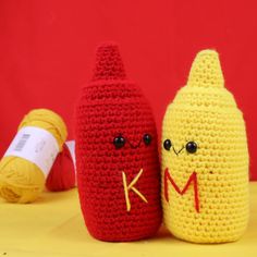 two crocheted items sitting next to each other