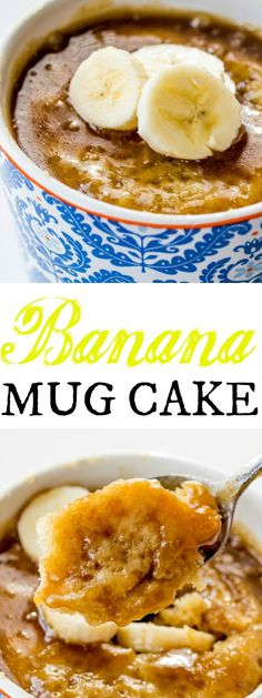 banana mug cake in a blue and white bowl