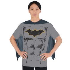 Rep your favorite DC superhero with this Batman T-Shirt! It features Batman's chest logo and muscular torso printed onto a gray short-sleeved tee. Add on the included cape to dress up for your next Halloween or themed party. pbAdult Batman Costume T-Shirt product details:-b-p ul liShirt ul liPrinted design-li liCotton-li -ul -li liCape ul liJagged bottom hem-li liPolyester-li -ul -li liDoes not include shoes or pants-li liReview the size chart for sizing information-li -ul pOfficially licensed D Comic-con Character Print Short Sleeve Tops, Superhero T-shirt For Fan Conventions, Batman Costumes, Batman Costume, Got Party, Batman T Shirt, Shirt Print Design, T Shirt Costumes, Color Lines