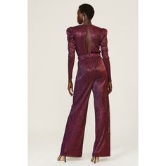 Purple chiffon (50% Polyester, 50% Metallic). Jumpsuit. Long sleeves. Plunge neck. Back zipper closure. See size and fit notes for length measurements. 14" rise. 13" leg opening. Imported. Measurement Length, Rent The Runway, Closet Designs, Plunging Neckline, Wide Leg Pants, Wide Leg, Chiffon, Jumpsuit, Zipper