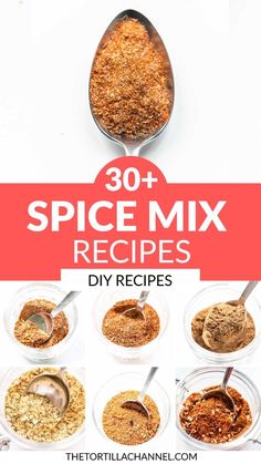 spice mix recipe in small bowls with spoons on the side and title overlay that reads 30 spice mix recipes