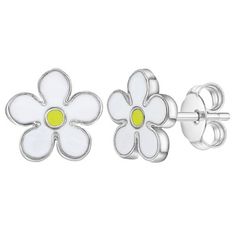 Your little girl wont be able to get enough of these daisy enamel flower earrings. Featuring a fun painted white and yellow enamel look, these earrings are just as delicate as the precious flower in your life. Crafted from a hypoallergenic material that will not cause any irritation on your little girls ears. A loving gift packaged into their own little gift box for your convenience. Spring White Jewelry With Matching Earrings, White Jewelry With Matching Earrings For Spring, Spring Hypoallergenic White Jewelry, Hypoallergenic White Jewelry For Spring, Spring Sterling Silver White Jewelry, Spring White Birth Flower Jewelry, Spring White Sterling Silver Jewelry, Yellow Hypoallergenic Flower-shaped Earrings, Spring Flower Enamel Earrings