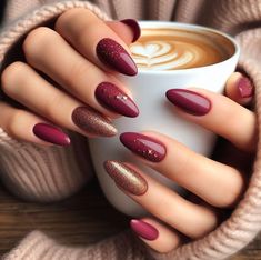 November Nails Red, Jesenji Nokti 2024, Dark Red Almond Nails Designs, Almond Nails Designs Winter, Manicure Nail Designs, Romantic Nails, Nail Shimmer, Nail Candy, Almond Nails Designs