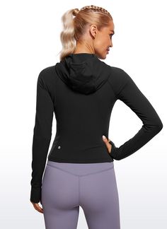 Butterluxe collection features super soft and stretchy high-quality fabric. This full zip-up hooded jacket with thumbholes, zip pockets and underarm gussets, which keeps you warm and comfy. Ideal for low-impact activities or daily wearing. Feature & Fitting: 
 Butterluxe collection 
 Designed for low-impact workouts or daily wear 
 Slim fit, waist length 
 Full zip, side zip pockets 
 Thumb holes, underarm gussets 
 Fabric: 
 Extremely Soft, luxurious comfort and lightweight 
 Ultra stretchy Athleisure Hooded Jacket With Adjustable Hood For Workout, Activewear With Adjustable Hood For Workout, Stretch Activewear With Adjustable Hood For Workout, High Stretch Outdoor Activewear With Thumbholes, High Stretch Activewear With Thumbholes For Outdoor, Adjustable Hood Long Sleeve Activewear For Gym, Functional Hooded Jacket For Fall Workout, Fitted Hooded Activewear For Outdoor, Functional Stretch Activewear With Adjustable Hood