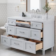 Monroe collection from ARIEL Bath is exactly what your main bathroom or guest bathroom needs for storage and style. The elegant bathroom vanity with quality solid wood, plywood prevents warping and lasts a lifetime. Full functional drawers with soft-close system give you plenty of room for those bathroom necessities. Modern hardware, leveling feet and simple pre-drilled installation make the Monroe bathroom vanity with 4" backsplash a solid addition to your home. Base Finish: Gray | Ariel Bath A Elegant Bathroom Vanity, Carrara Quartz, Bathroom Necessities, Modern Hardware, Single Sink Bathroom, Bathroom Vanity Base, Sink Bathroom Vanity, Vanity Base, Wood And Marble