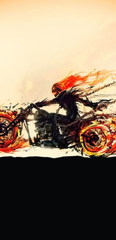 a painting of a person riding a motorcycle with flames coming out of the back tire