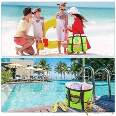 two pictures with children and an inflatable life preserver next to a swimming pool