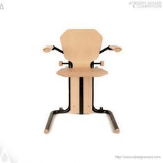 an office chair made out of wood with black legs and arms, sitting on a white background