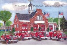 a painting of fire trucks parked in front of a red brick building with an american flag on the roof