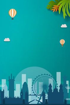 an image of a city skyline with hot air balloons in the sky