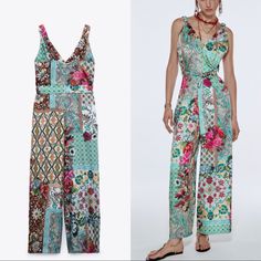 Brand New With Tags. Spring Multicolor Patchwork Jumpsuits And Rompers, Spring Beach Patchwork Jumpsuits And Rompers, Summer Multicolor Patchwork Jumpsuits And Rompers, Summer Patchwork Overall Jumpsuit, Summer Green Patchwork Jumpsuits And Rompers, Green Patchwork Jumpsuits And Rompers For Summer, Summer Beach Jumpsuits And Rompers With Patchwork, Zara Fitted Jumpsuits And Rompers With Floral Print, White Denim Jumpsuit