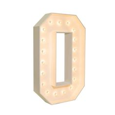 the letter o is lit up with lights on it's sides and sits in front of a white background