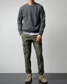 Men’s Cargo Pants Style, Gray Sweater Outfit Men, Olive Cargo Pants Outfit Men, Capsule Wardrobe Men, Cargo Pants Outfit Men, Sweater Outfits Men, Pants Outfit Men, Cargo Pants Outfit