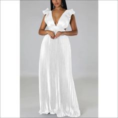 Deep V - neck Backless Lace - up Maxi Dress - S / White White Fitted V-neck Maxi Dress, White Pleated V-neck Maxi Dress, White V-neck Fitted Maxi Dress, White V-neck Stretch Maxi Dress, White Stretch V-neck Maxi Dress, Stretch V-neck Maxi Dress For Date Night, White V-neck Maxi Dress For Night Out, White Maxi V-neck Party Dress, White V-neck Pleated Maxi Dress