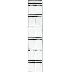 a tall black metal rack with white squares on the top and bottom, against a white background