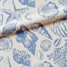 a blue and white wallpaper with seashells printed on the fabric, as well as an image of shells