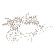 a drawing of a wheelbarrow with flowers on it