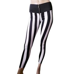 New Without Tags. Black & White Slightly Wide Vertical Stripes Leggings With Front Gold Metal Zipper Closure. Very Fitted, Above The Ankle, And On The Low Rise Side, With Black Contrast Section At The Upper Waist. Great For People On The Shorter Side! 100% Polyester Fitted White Bottoms With Zipper Closure, Black Three Stripes Sports Bottoms, White Stretch Bottoms With Zipper Closure, Gym Pants With Side Stripes In Black, Black Leggings With Three Stripes Branding, Blue Lululemon Leggings, Danskin Leggings, Horizontal Striped Leggings, Bombshell Leggings