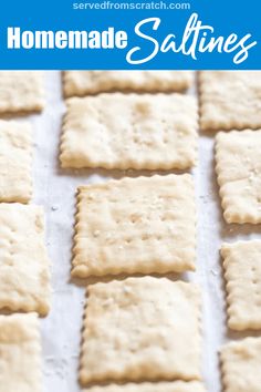 homemade saltine crackers on a baking sheet with text overlay that reads homemade saltines