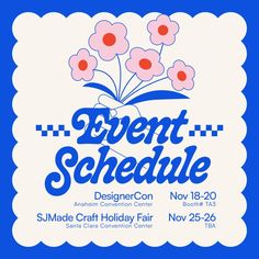 an event schedule with flowers on the front and blue back ground, in white paper