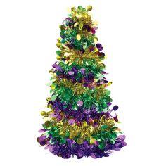 a purple and green christmas tree with lots of confetti on it's top