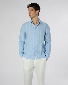 Crafted from linen-tencel that has a light weight and a refined feel, this Air Linen Shirt is cut for a relaxed fit with a shirttail hem and a spread collar. Wear the long sleeves rolled up using the buttoned tabs. The Linen Long Sleeve Shirt is styled with the Linen Trouser. Linen Trousers, Linen Shirt, Long Sleeve Shirt, Sleeve Shirt, Long Sleeve Shirts, Light Blue, Blue And White, Long Sleeves, Nordstrom