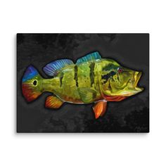 a painting of a fish on a black background with green, yellow and orange colors