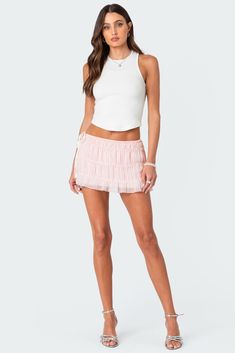 Mini skirt Stretch waist Tiered design Chiffon fabric Polyester Model wears size S Model height is 5'9 Item care: Wash with similar color Chiffon Mini Skirt, Slim Fit Cargo Pants, Maxi Styles, Swimwear Dress, Pink Ruffle, Kids Swimwear, Slim Fit Pants, Going Out Dresses, Dress Romper