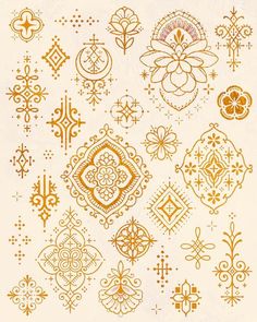 an assortment of ornamental designs in gold and white